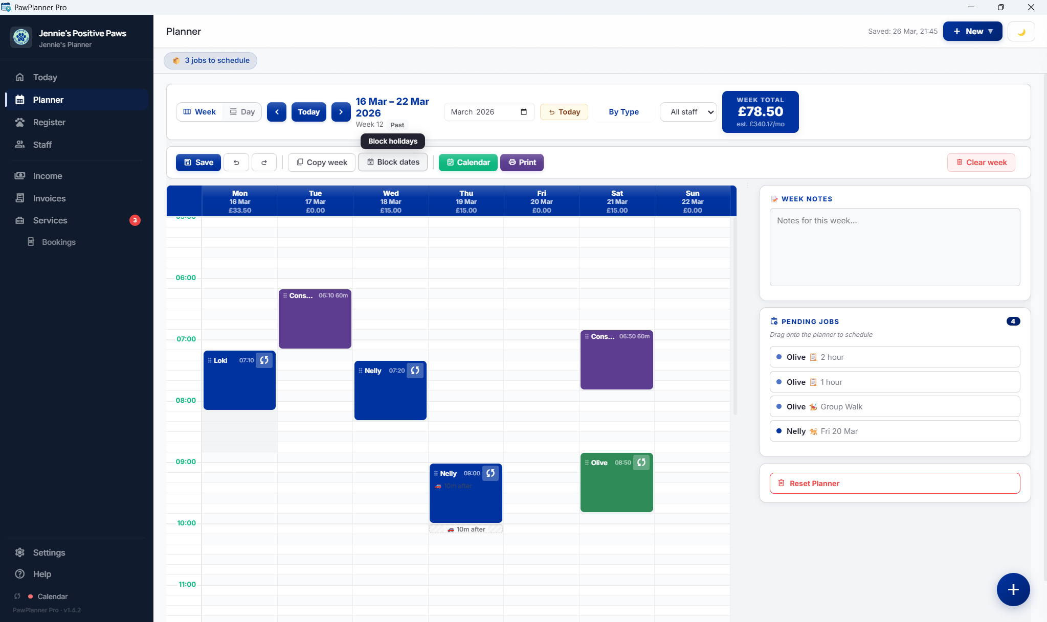 Pack Planner Pro planner view showing a dog walking week laid out on screen
