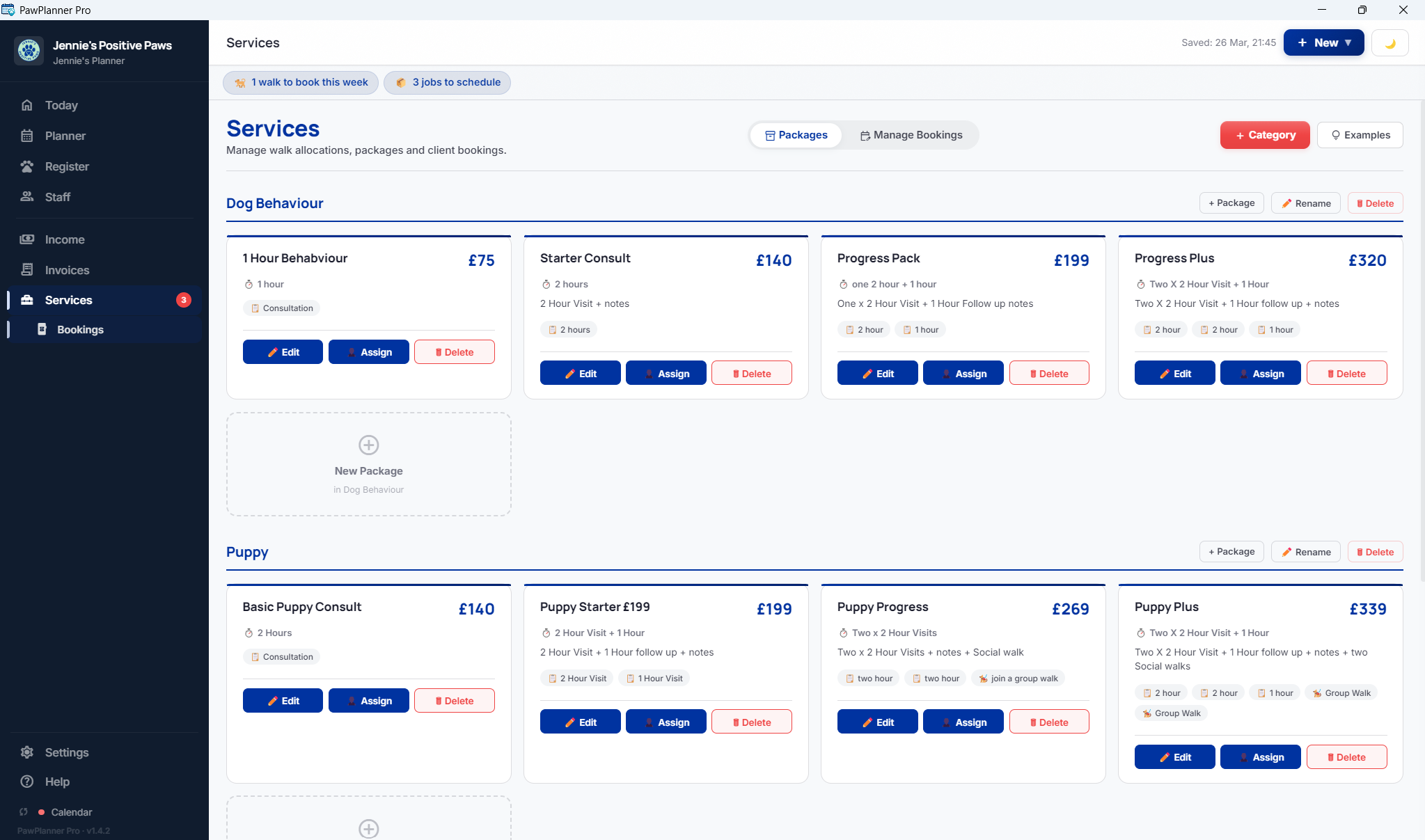 Pack Planner Pro services screen showing dog walking business tools in one system