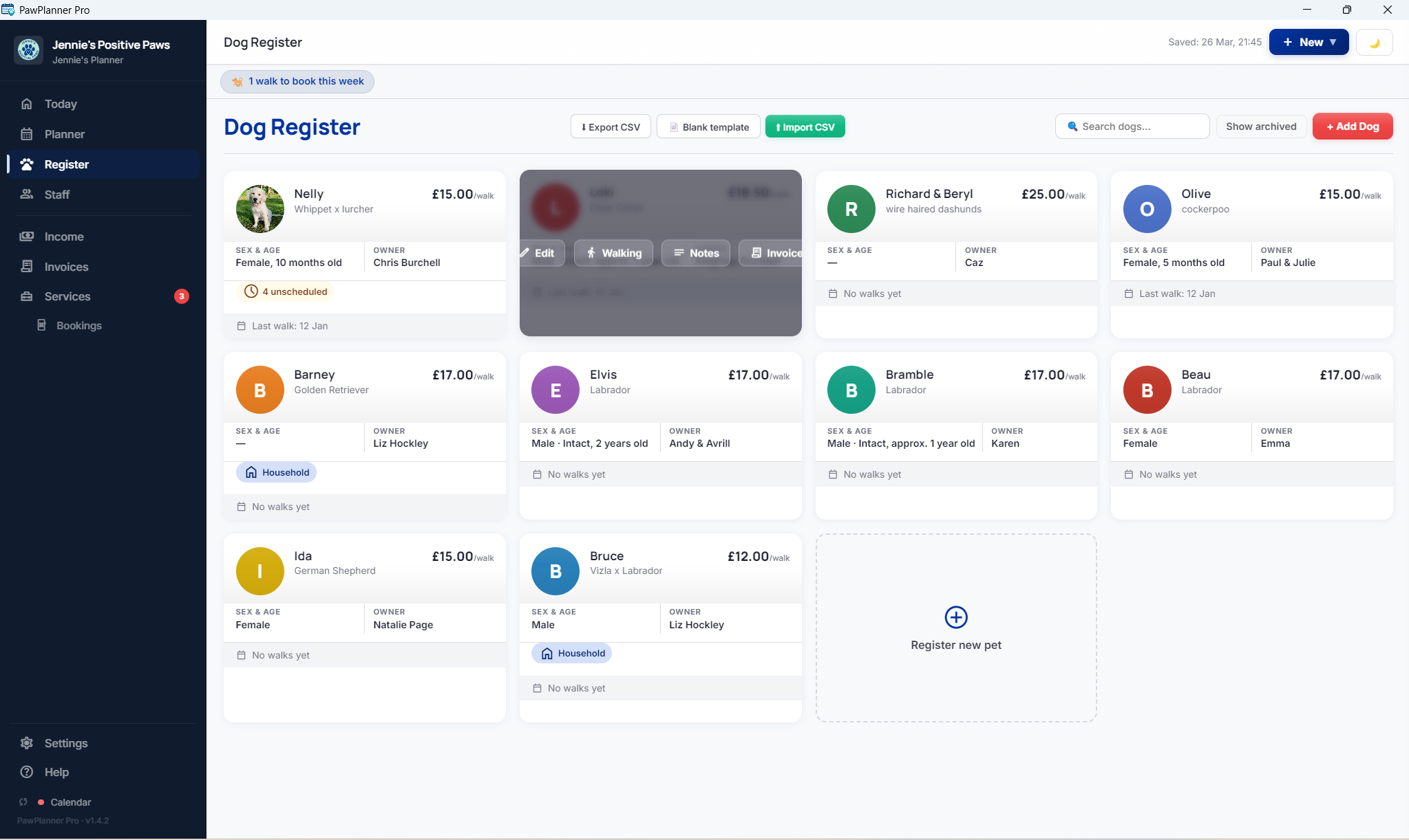 Pack Planner Pro dog register screen